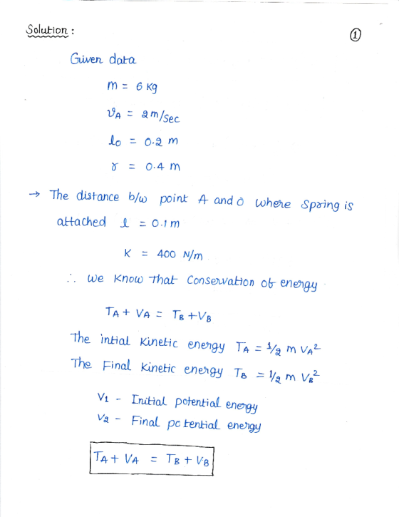 Solution Civen data m= 6Kg lo o.2 m = 0.4 m → The distance bw point A and where Spring is attached 오ニ0.1m K = 400 N/m we Know