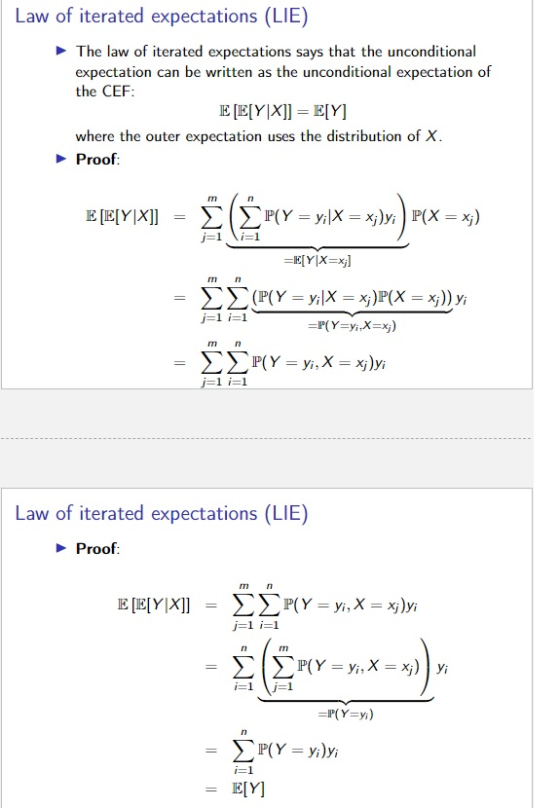 Law of iterated expectations (LIE) The law of iterated expectations says that the unconditional expectation can be written as