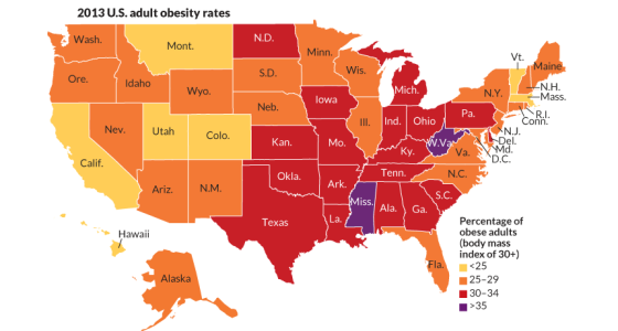2013 U.S. adult obesity rates Wash N.D. Mont. Minn. Vt. Maine S.D. Wis. Ore. Idaho Wyo. Mich. N.Y. N.H. Mass. lowa Neb. Pa. I
