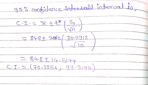 95%_constidence interiell interval és C.I. = x +++ ( 5 ) _= 84.84 2-962/ 20:2912 L rlo = 84.8t 14.5144 C.I.=(70.2856, 99.3144