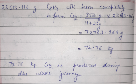 23613.116 g ColHo will burn completely to form Cog-352 g x 2383 1169 114.239 = 72763-869 9 = 72.76 kg 12 72.76 ks Coz is prod