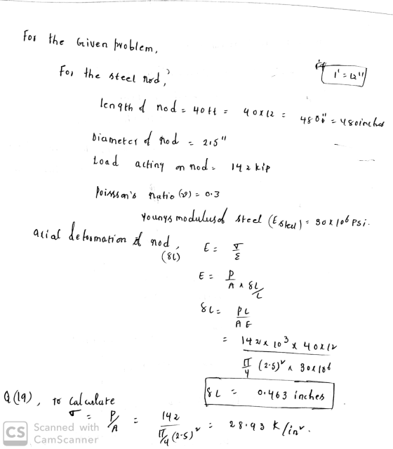 for the Given problem, For the steel rod, 1-44 length & nod=4044 = 40X12 - 480 = 480inches Diameter of nod 215 acting on ro
