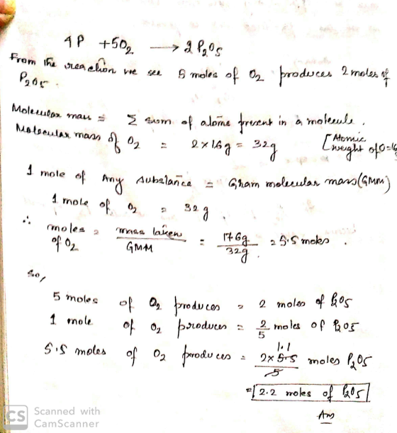 4P +50,-algos from the reaction we see 5 moles of Oz produces 2 roles of Por. Moleculon mans & { sum of alone present in a mo