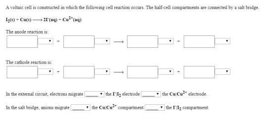A voltaic cell is constructed in which the following cell reaction occurs. The half-cell compartments are connected by a salt