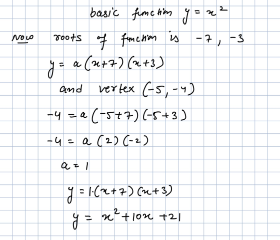 Novo basic fimc tin y = x² roots of function is -7, -3 y = a (n+7) (2+3) and vertex (-5, 4) -4 = a (-5+7) (-5+3) -4 = a (2) (