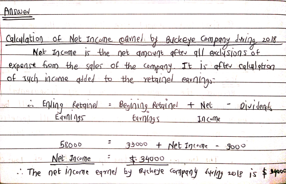 Answer - Calculation of Net Income earned by_Buckeye company dwing 2018 - Net Income is the net amount ofter all exclýsions o