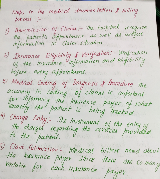 Steps in the medical dowmentation of billing process 1) Transmission of Claims - The hospipal recognize the patients appoint