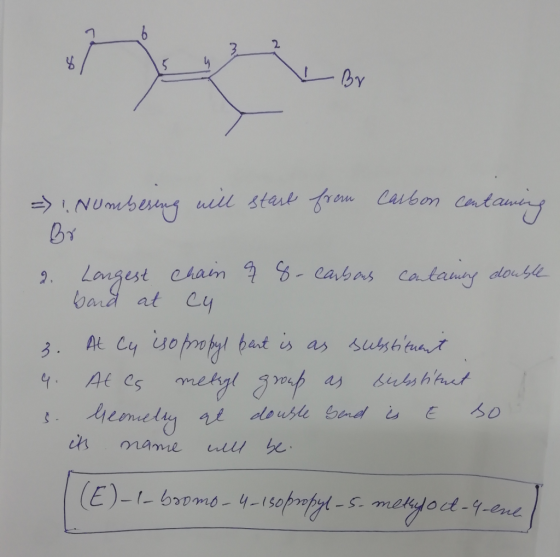3 2 v Br =) : Numbering will start from carbon containing Bo 2. Largest chain q 8-carbons containing double band at cu 3. At