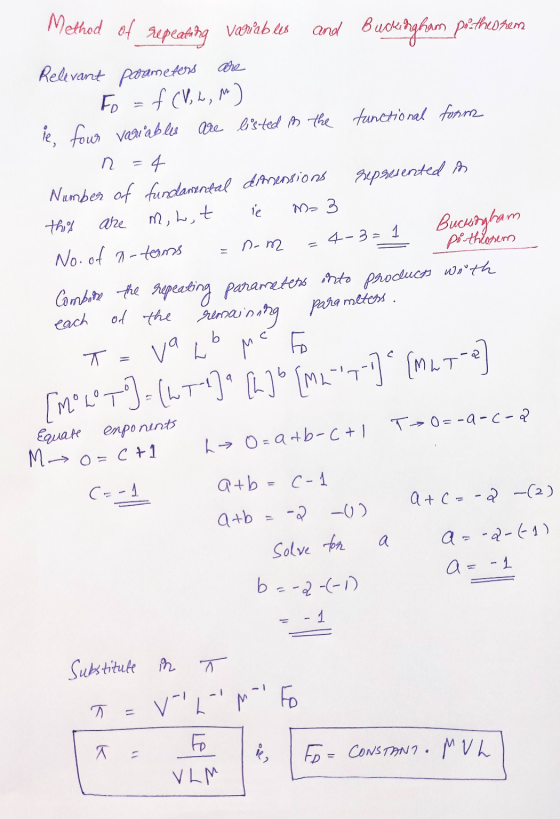 Method of i M, L, t repeating Variables and Buckingham poethesten Relevant parameters are Fo=f(V, L, M it four variables are