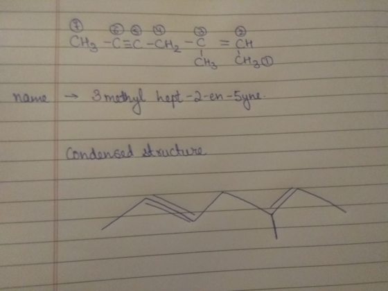 CH3 -CEC-CHE CH3 CH₂O name 3 mothyl hept-2-en-Syne. Condensed structure