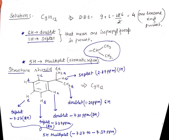 Cg H12 → D.B:E: 976-1846 - 4 Come benzene) Irina , present, * 6H doublet ? that mean one isopropyl group THY septet J is pres