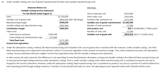 b) Under variable costing, the cost of goods manufactured includes only variable manufacturing costs. Workings: Shawnee Motor
