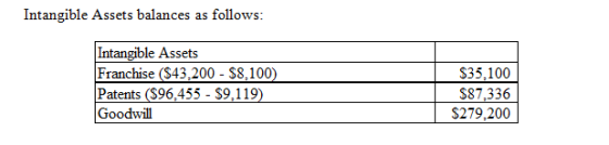 Intangible Assets balances as follows: Intangible Assets Franchise (S43,200 - $8.100) Patents ($96,455 - $9.119) Goodwill $35