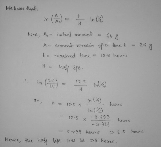 We know that, In Ao t H In (2) here, A.- initial amount 649 2:08 A amount remain after time t t = required time = 12.5 hours