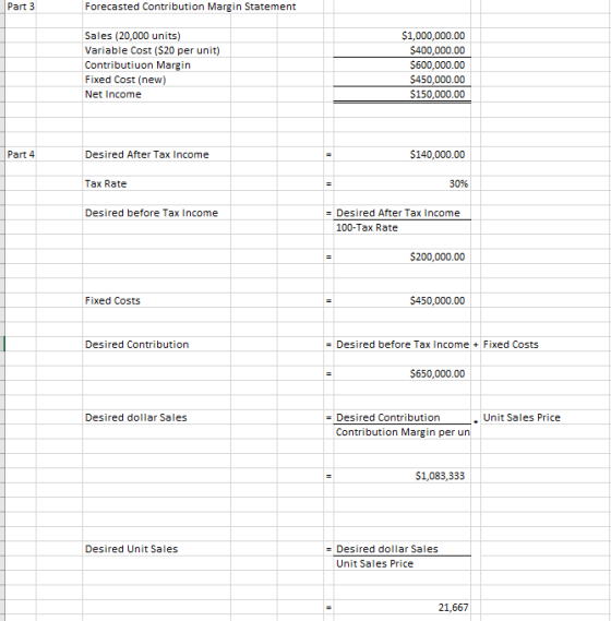 Part 3 Forecasted Contribution Margin Statement Sales (20,000 units) Variable Cost ($20 per unit) Contributiuon Margin Fixed