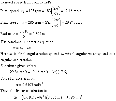Convert speed from rpm to rad/s Ini tal speed, ab 183mm = 183|-=19.16 rad/s Final speed: ω = 285 rpm = 285 ( 2즈) = 29.84 rad/
