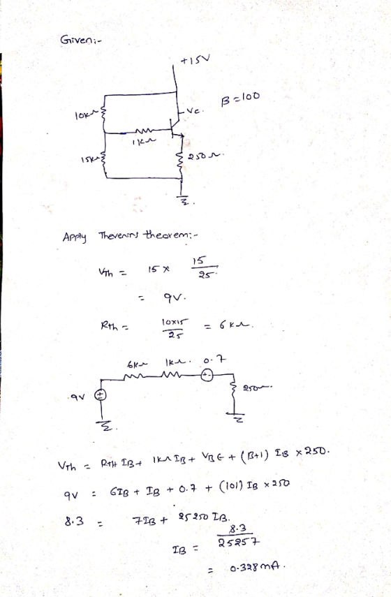 Given: +1SV Bloo okS Apply Thevenns theorem:- Vih Rth loxi Rrit IB Ik Ig + Vae ( R+1) Ls X25D VTh- &.3 8.3 Tg= a-32ymA
