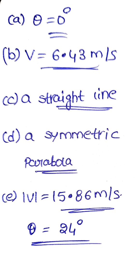ca) 0 = 0 (b) V= 6.43 mis ) a straight line cd) a symmetric Parabola e) lvl = 15.86 m/s = 24