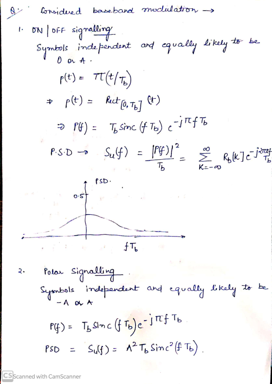 Considered baseband modulation 1 to be ON I OFF signalling Symbols independent and equally likely TT (t/T6) O on A. p(t) = pl