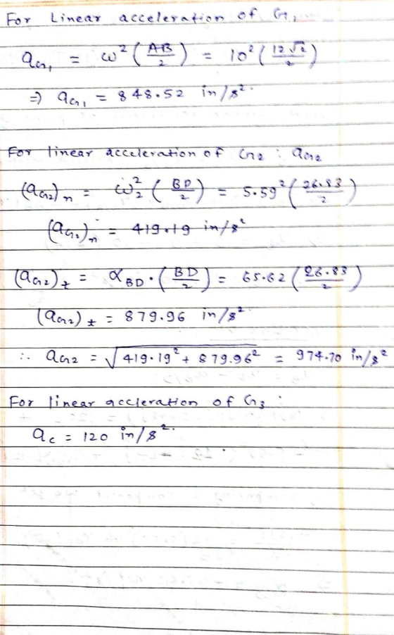 Linear acceleration of 67, an w? ( A ) = 10 (2) 848.52 ins? -> acon For linear acceleration off na Gore Wh (BP) =-5.59944 (aa