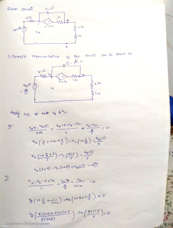 Given circuit Vx S-Domain representation of the circuit can be drawn as 1 sc = or Apply ka at rode ux 442 vo Vinis) Vx+0.24 -