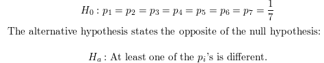 7 Ho: p1 = P2 = P3 = P4 = ps = po = pz = The alternative hypothesis states the opposite of the null hypothesis: H.: At least
