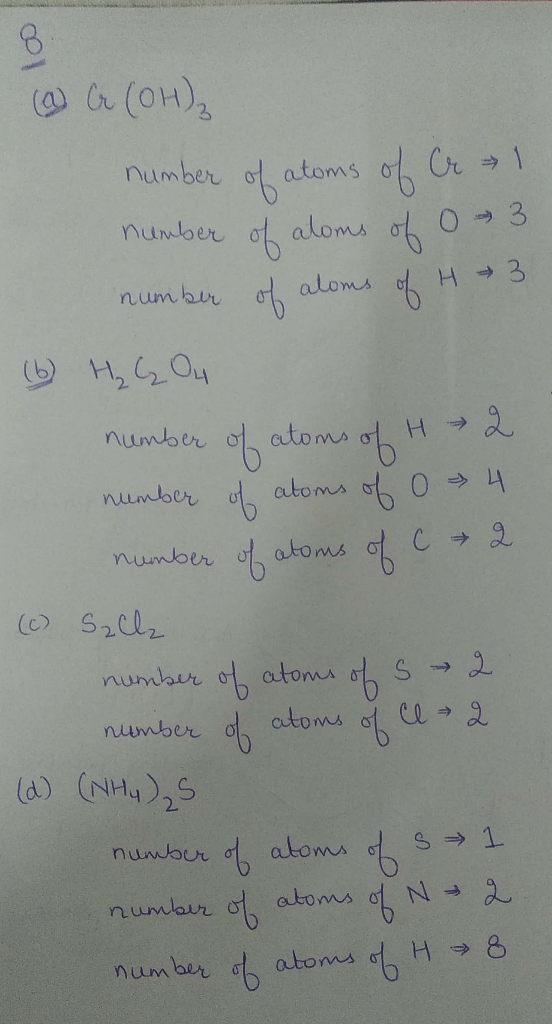 1 of (1) Cr (OH)₂ number of atoms of Cr 1 number of aloms of 0 3 number of aloms of H 3 (6) H₂4 04 number of atoms of H 2 num