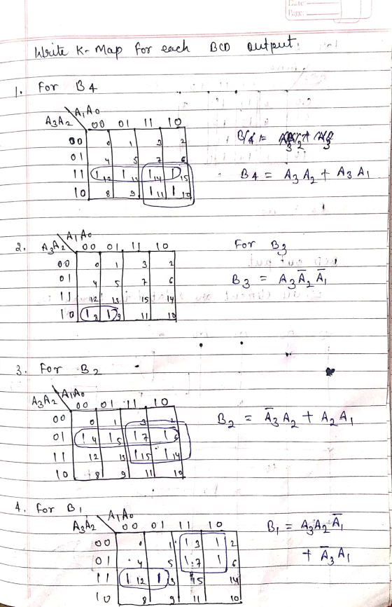 Cate:- Write Ko Map for each BCD output for B4 AzAz oo ollo B/A E A A TITTAD La B4 = Az Ag + A3 ALL A2A21 TAO 00011 10 for B₂