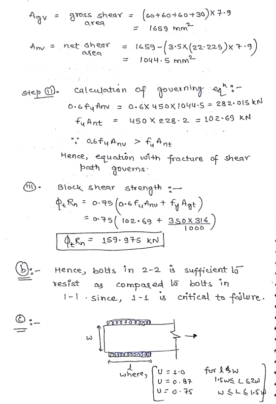 Agv gross shear = area (60+60+60+30)* 7.9 1659 mm 1559-(3-5% (22-225)*7.4) Anu = net shear curea 1044.5 mm2 Step . = 282.015