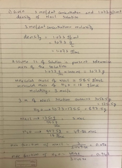 1 Given density 3 moll dm3 concentration of Nach solution and 1.073 g/cm3 3 mol/dm3 concentrations molarity density = 1.073 g