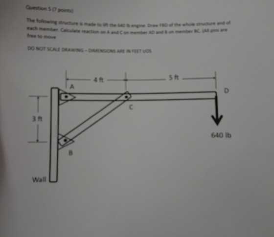 Quetion 57 points stucture and of The folowing structure each member Caicuiate reation on A and C on member free to move s made to ift the 640 b engine raw 180 of the who DO NOT SCALE DRAWING-DIENSIONS ARE IN FEET uOS s ft 4 f 3 ft 640 lb Wall