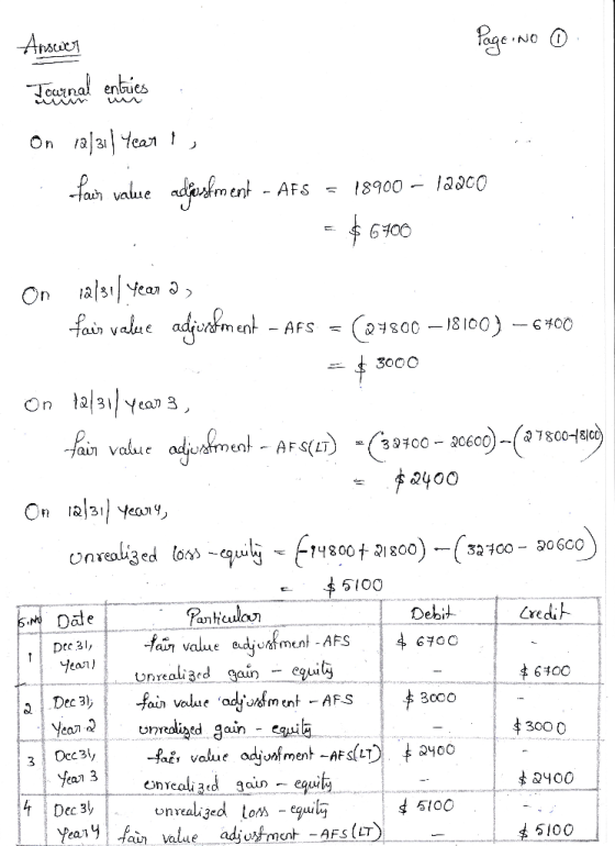 Answer Page No 0. Posunal ensies On 12/31) Year to fair value ad ostment - AFS = 18900 - 12000 = $6700 On 12/31/ year as fair