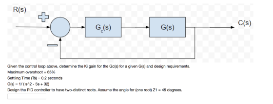 R(s) C(s) G.(s) G(s) Given the control loop above, determine the Ki gain for the Gc(s) for a given G(s) and design requirements Maximum overshoot-65% Settling Time (Ts)-0.2 seconds G(s) 1/(sA2 - 5s 32) Design the PID controller to have two-distinct roots. Assume the angle for (one root) Z1 45 degrees
