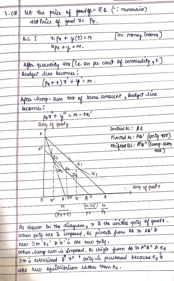 1. 100 let the price of goodly = E1 (: numeraire) all Price of good a= Pa. Bol (ma money income) .Px + y(i)= m pa ty=m. After