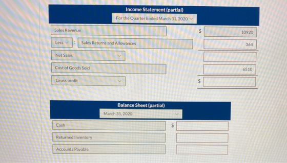 Income Statement (partial) For the Quarter Ended March 31, 2020 Sales Revenue 15 llo 11% || | $ 10920 364 7 7 Less Sales Retu