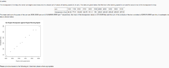 13 points) The horsepower (Y, in bhp) of a motor car engine was measured at a chosen set of values of running speed (X. In rp