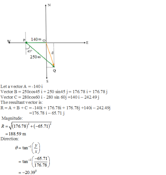 140m o 450 250m Let a vector A-_ 140 i Vector B 250cos45 i 250 sin45 j 176.78 i 176.78j Vector C 280cos60 i-280 sin 60-140 i-