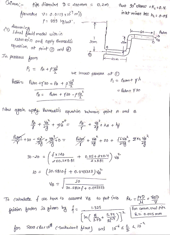 Given - 0,2m Pipe diametey D = 200mm = for water V= 0.0113x169 mis P= 999 leg/m3., two goº elbow -ke=0.41 inlet minar loss K2