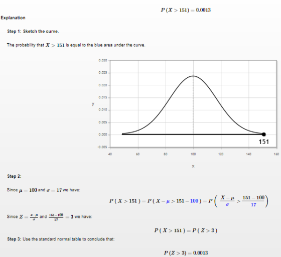 P (X > 151) 0.0013 Explanation Step 1: Sketch the curve. The probability that X > 151 is equal to the blue area under the cur