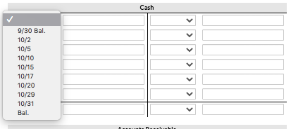 Cash 9/30 Bal. 10/2 10/5 10/10 10/15 10/17 10/20 10/29 10/31 Bal.