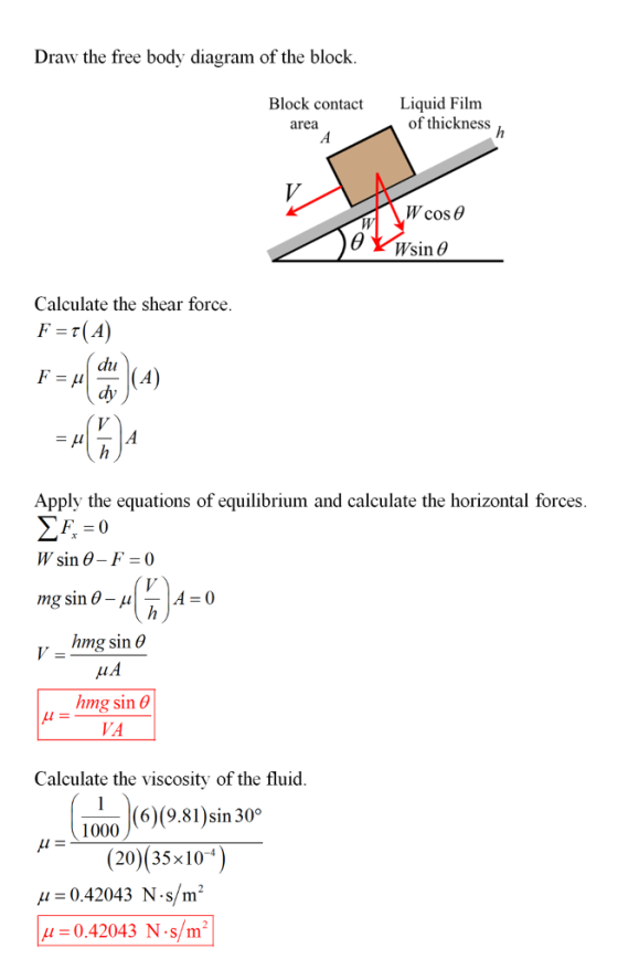 Draw the free body diagram of the block Block contact Liquid Film of thickness area Wcos Calculate the shear force lu dy Appl