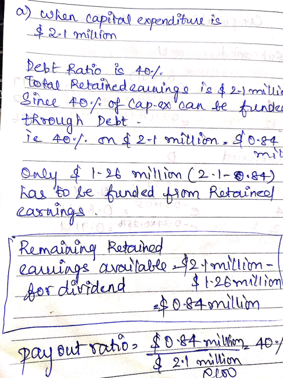 a) when capital expenditure is $2,1 million no Debt Ratio is 40%. Total Retained earnings is $21 millio Since 10% of cap. ex