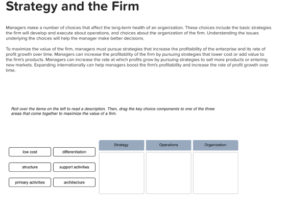 Strategy and the Firm Managers make a number of choices that affect the long-term health of an organization. These choices include the basic strategies the firm will develop and execute about operations, and choices about the organization of the firm. Understanding the issues underlying the choices will help the manager make better decisions. To maximize the value of the firm, managers must pursue strategies that increase the profitability of the enterprise and its rate of profit growth over time. Managers can increase the profitability of the irm by pursuing strategies that lower cost or add value to the firms products. Managers can increase the rate at which profits grow by pursuing strategies to sell more products or entering new markets. Expanding internationally can help managers boost the firms profitability and increase the rate of profit growth over time. Roll over the items on the left to read a description. Then, drag the key choice components to one of the three areas that come together to maximize the value of a firm. Strategy Operations Organization low cost differentiation structure support activities primary activities architecture
