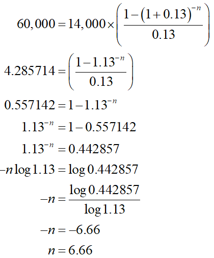 60,000 = 14,000x (1-(1+0.13) 000X 0.13 4.285714=(1-1.13) 4.2857141 0.13 0.557142 =1-1.13 1.13- =1-0.557142 1.13- = 0.4428
