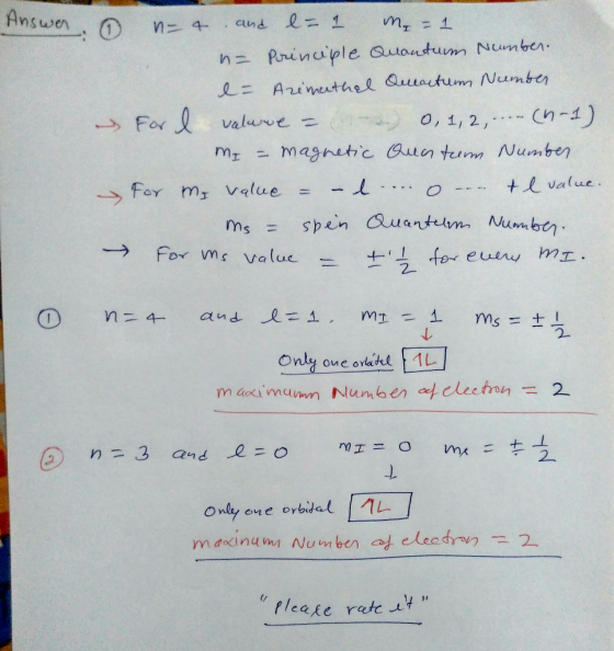 Answen O m =1 cand l 1 4 n Prinuple auantumn Numben =Arimeuthel Quuactum Numben Ch-4) O, 1, 2, For valurve magnetc auun teum