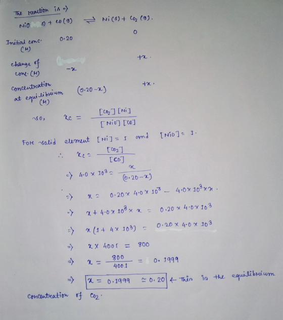 The reaction is a Nios + co(9) Ni (3) + Co (9). 0.20 Initial conc. (M) change of cone. (M) th . x +x concentration at equilib