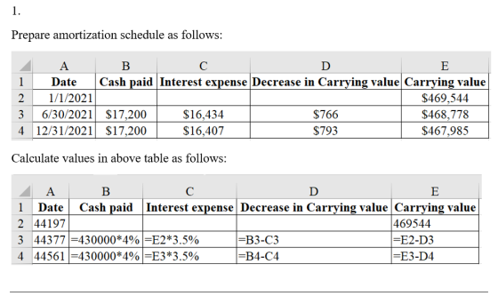 1. Prepare amortization schedule as follows: 1 2 3 4 А в E Date Cash paid Interest expense Decrease in Carrying value Carryin