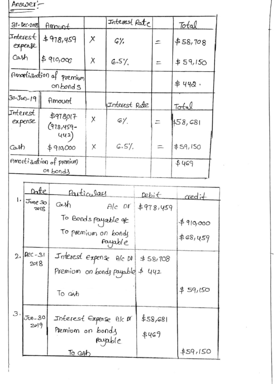 | Answers Interest Rate I Total x 6. $58,708 X 6.5%, $ 59,150 $ 442 31-Dec-2018) Amount Interest $978,459 expense | Cash $ 91