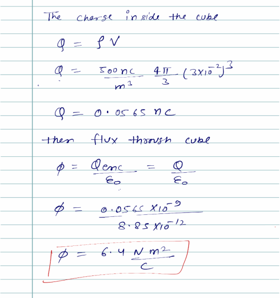 The charge inside the cube 7 f = و a = soonc 41 (3x10 225 Q = 0.05 65 ne then flux through cube p = Qenc = a eo = 2 0.0565 X1