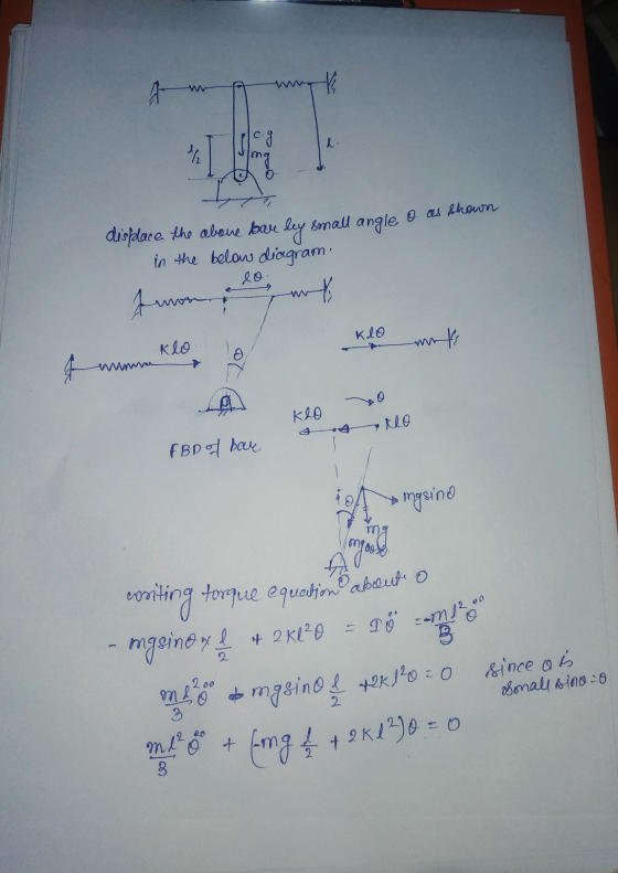 nt A OA displace the above bare ley small angle o as shown in the below diagram Amon, қ9 w к 19 o q 0 Klo КО a FBD of bar mas